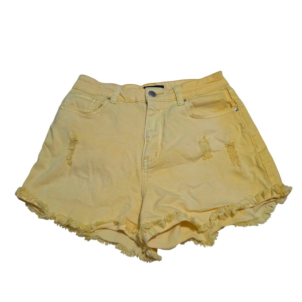 Angel Kiss Womens High Waisted Distressed Denim Shorts Yellow Frayed Hem Sz 9/29